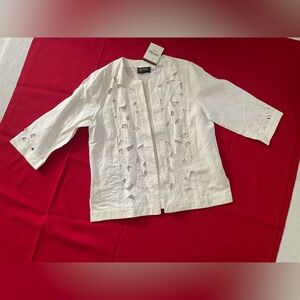 Bob Mackie Wearable Art White Linen Blend Open Jacket w/ Cut Outs Sz M